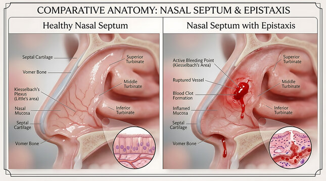 Healthy Nasal Septum Versus Epistaxis Bleeding Point and Kiesselbach's Plexus Rupture