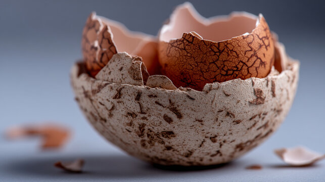 Empty broken eggshell macro shot on a neutral background with eggshell minimalist speckled
