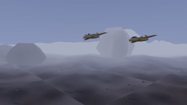 Canard jets circling peaks at dawn, seamless 3D loop animation.