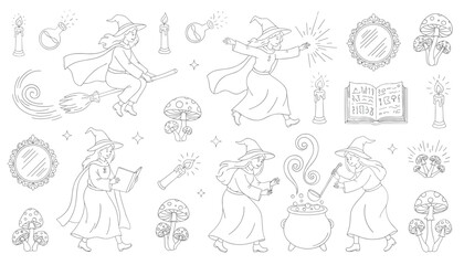 Fototapeta premium Vintage sketch sheet of witch characters flying on brooms, casting spells, reading grimoires, and brewing magical potions.