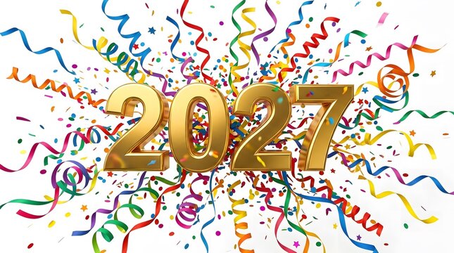 Golden numbers for the year two thousand twenty seven bursting forth amid a vibrant colorful confetti explosion celebrating the new year joyfully