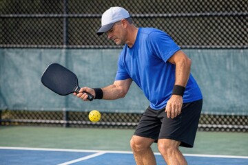 Fototapeta premium A person holding a tennis racquet on a tennis court, ideal for sport and leisure uses