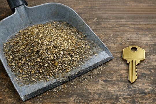A scoop of gravel sits next to a key on a wooden table, perfect for use in still life or conceptual photography