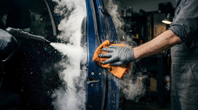 Auto detailer pressure steam cleaning car door jamb and rubber seal while wiping with microfiber towel in workshop.