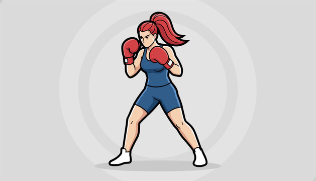 Strong and confident female boxer standing in a defensive fighting stance with red boxing gloves on grey background.