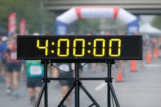 A digital clock on a tripod used during a marathon event, providing accurate timing for runners