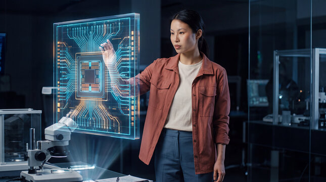 Engineer analyzing a holographic microchip circuit in a research lab