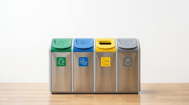 Four colored recycling bins