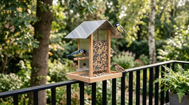 Bird feeder with tit bird on balcony