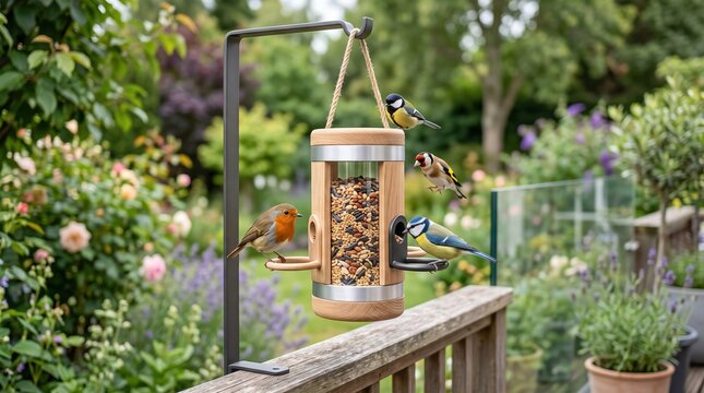 Wild birds feeding at garden feeder