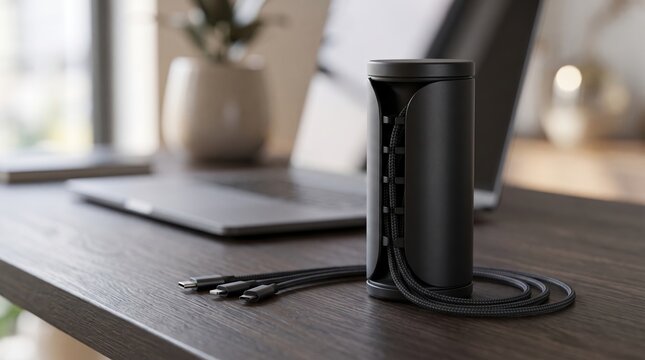 Black USB charging hub on office desk