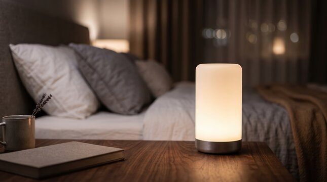 Modern lamp on bedside table at night