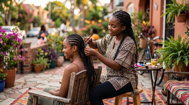 Two Black women braiding hair in outdoor patio