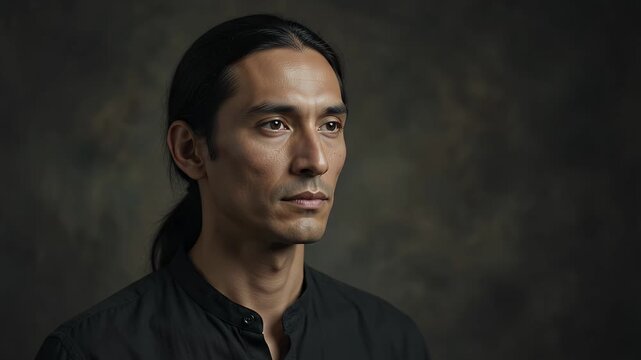 Portrait man face with serious expression for advertising, marketing and brand. Long hair, male and person in studio with dark background for cinematic headshot, film and confident soul features.