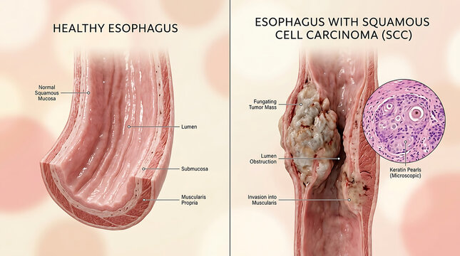Healthy Esophagus Versus Squamous Cell Carcinoma Fungating Mass and Keratin Pearls