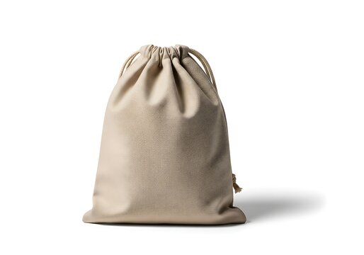 A beige drawstring bag made of canvas and burlap