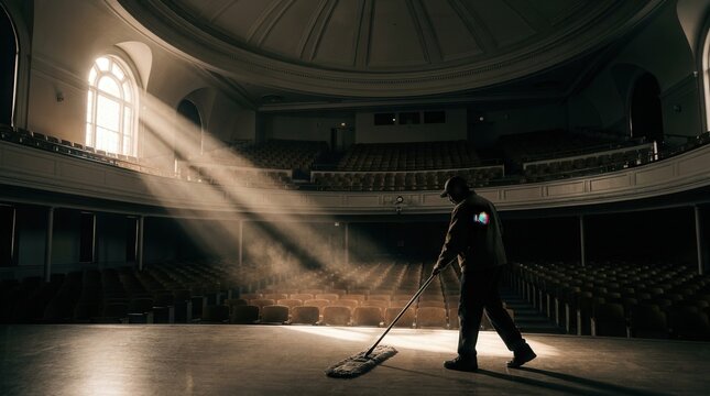 Worker sweeps the stage of an empty theater under a bright beam of sunlight.