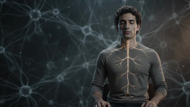 Meditation, mindfulness and man with brain activity for mental health, wellness and consciousness. Person, neuroscience and digital network with yoga, relaxation and focus at home for inner peace.