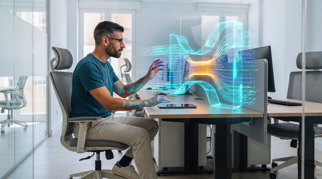 Engineer seated between monitors interacting with a glowing data hologram