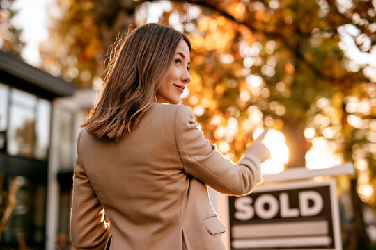 Female Real Estate Agent Standing Beside SOLD Sign at Modern Home