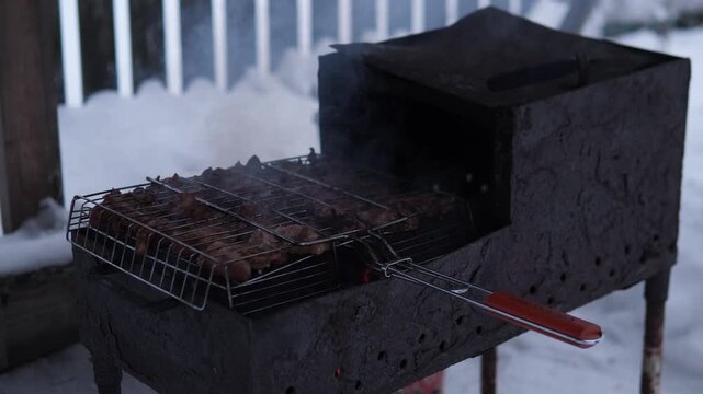 a scene of meat standing in a winter setting with a neutral mood and a fixed viewpoint. The background is white and brown, and the visible objects include meat and snow. This image is ideal.