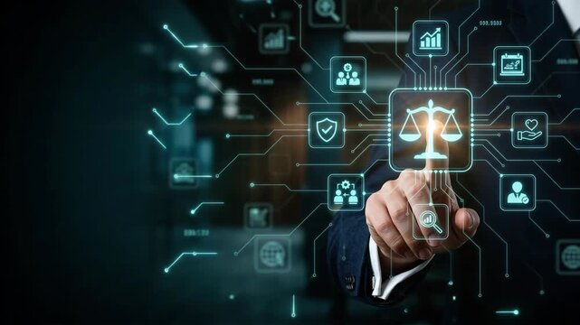 Businessman touching a glowing holographic screen representing corporate governance standards in dark high-tech digital environment, close-up 3d rendering