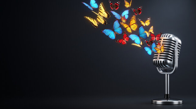 Music Day concept of vintage silver microphone emitting colorful glowing butterflies, bright blue yellow red colors, modern surreal hyperrealism symbolizing sound inspiration with copy space