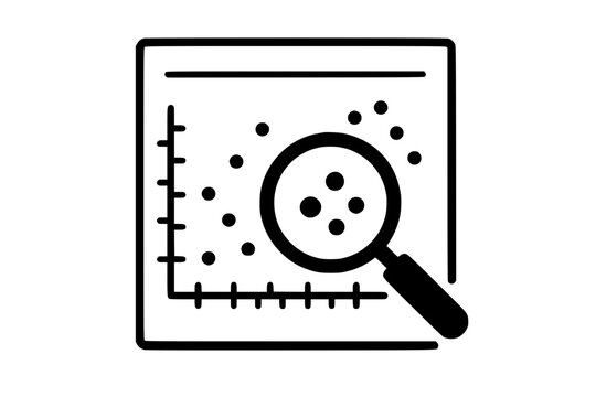 Magnifying Glass Over Statistical Scatter Plot Report Black and White Vector Silhouette Icon