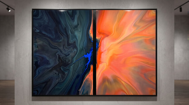 Split screen abstract art piece displayed on museum wall with abstract painting contemporary