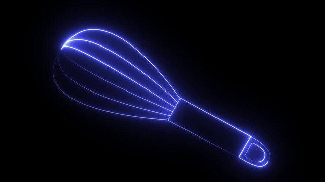 A glowing neon outline of a classic balloon kitchen whisk, often used for egg beating, mixing, and baking.