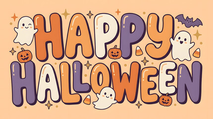 Fototapeta premium Happy halloween festive lettering with cute ghosts pumpkins and stars against soft orange background perfect for seasonal holiday banners.