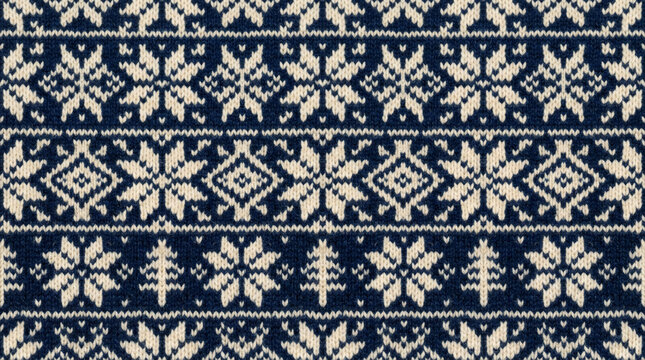 Seamless Nordic knit pattern with snowflakes, evergreen trees, and geometric designs in navy and cream. Cozy winter holiday background.
