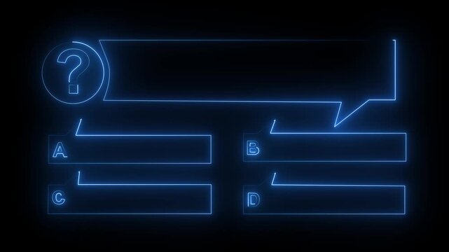 Quiz questionnaire with neon glowing letters on a dark background illustrating a test interface template for educational purposes and interactive knowledge checking options during academic.