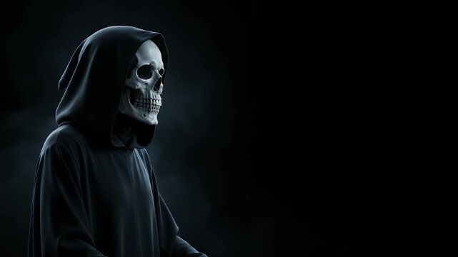 Grim reaper, skull and death in hooded cloak for Halloween, horror and dark theme. Spooky character, ghost and monster with mystery, underworld and gothic style for film, cinematic and scary stories.