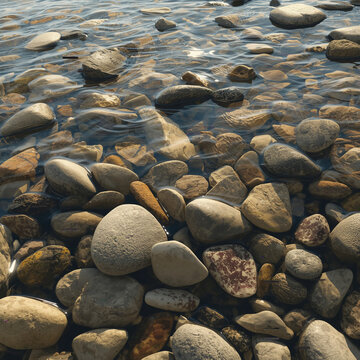 Natural river pebbles beneath clear shallow water with sunlight reflections