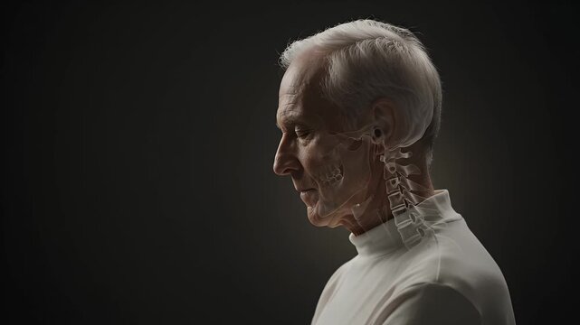 Senior man, healthcare and anatomy with medical visualization of human skull and cervical spine for aging. Elderly patient, xray effect and skeletal system in clinic for spine health and medicine