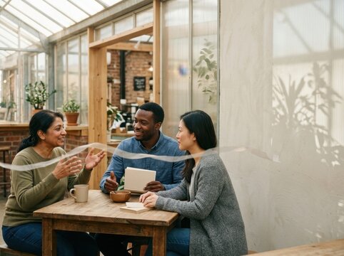 Adults engaged in collaborative discussion in a greenhouse setting for inclusive learning
