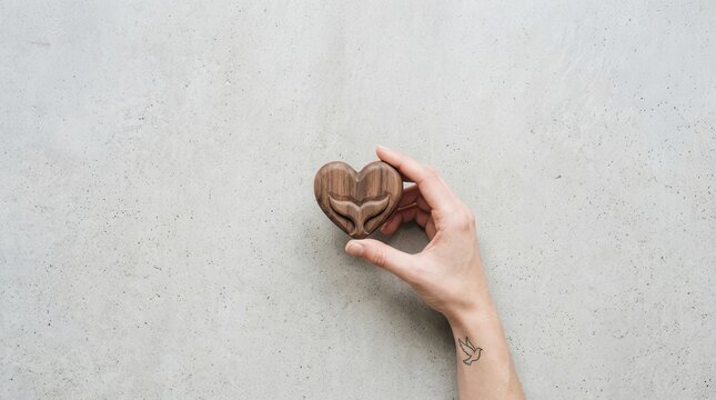 Hand holding heart shape object with whale tail carving for design