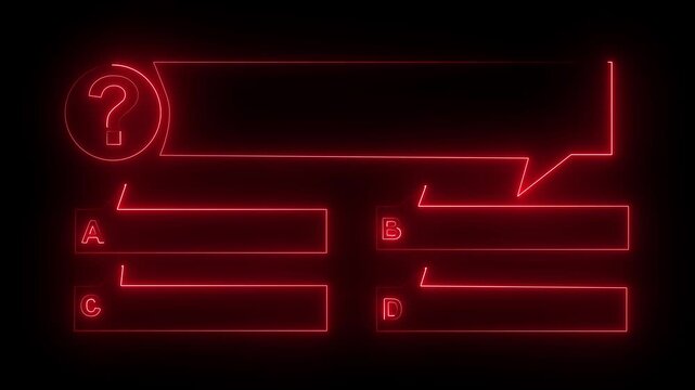 Quiz question graphic featuring multiple choice options labeled abcd in glowing red neon lines on a dark background illustrating educational tests trivia games and interactive assessment interfaces.