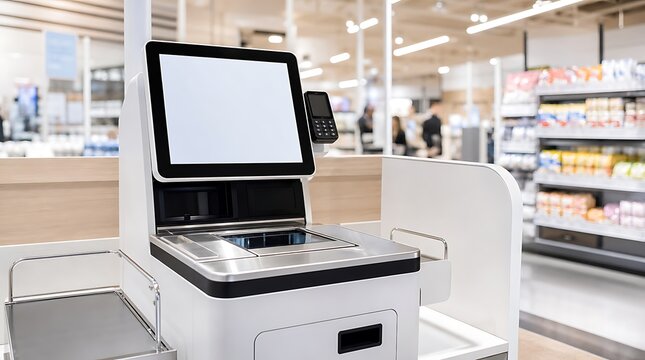 Modern self service checkout kiosk with blank screen standing in supermarket store, retail technology concept