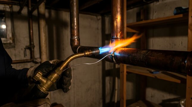 Close up of gloved hand using a torch to solder copper water pipes in a dark basement workshop setting tonight
