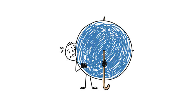 Minimalist Stick Figure Illustration of a Stressed Person Hiding Behind a Shielding Umbrella Filled with Blue Scribbles Symbolizing Mental Health Struggles, Anxiety, and Internal Chaos