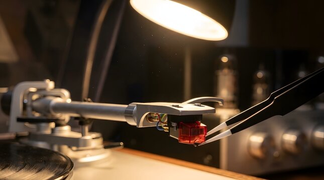 Detailed macro of tweezers cleaning a red phono cartridge on a turntable tonearm under warm lamp and dusty air