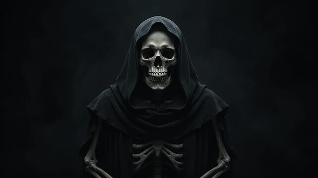 Grim reaper, skeleton and hood in dark background for horror, Halloween and spooky concept. Death, cloak and bones with gothic atmosphere, scary mystery and supernatural character in night frame