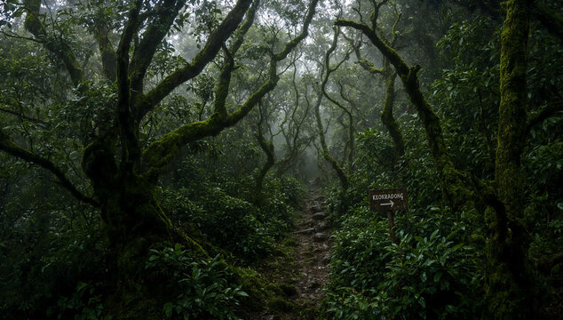 Misty path winding through dense tree canopy in a tropical cloud forest
