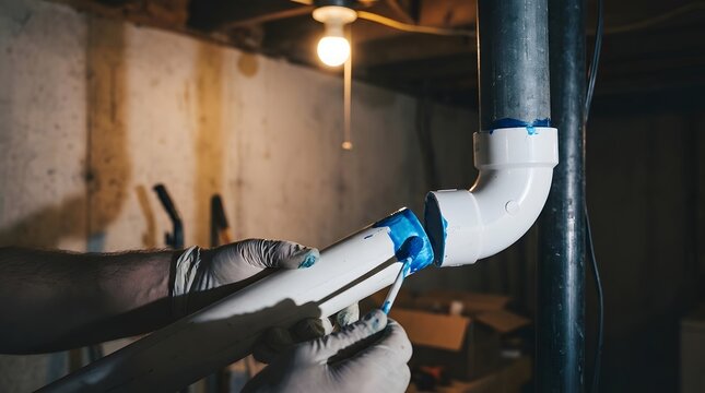 Professional plumber hands applying blue cement to PVC pipe in a dark basement under a single light bulb scene