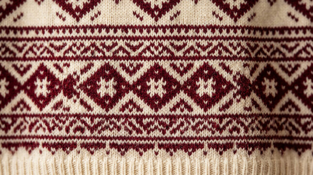 Close-up of traditional Fair Isle knitted wool pattern in cream and maroon, featuring geometric shapes and snowflakes, cozy winter textile background