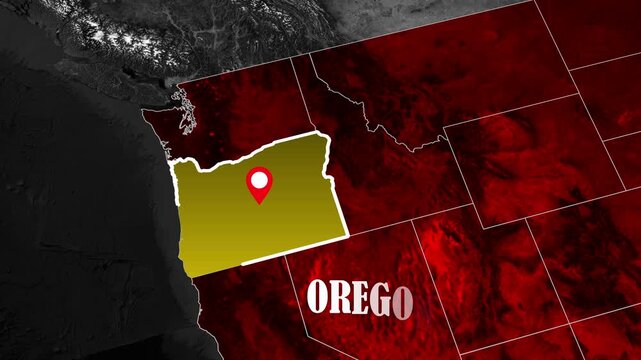 Oregon state map animation with location marker, highlighted territory, cinematic background, geographic visualization, smooth motion graphics