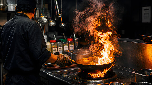 Professional chef stir-frying food in a large wok over intense flames, creating a dynamic restaurant kitchen scene with vibrant ingredients, cooking action, and delicious meal preparation