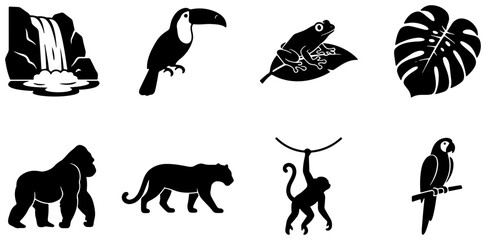 Naklejka premium Jungle Wildlife Icons: Toucan, Gorilla, Panther, Monkey, Parrot, Frog, Waterfall, Tropical Leaf Vector Set